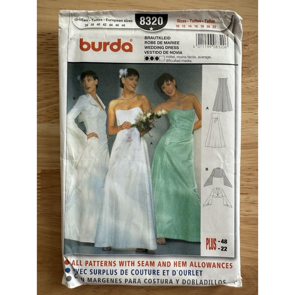 Burda Pattern 8320 Women's Wedding Dress‎ size 10 - 22